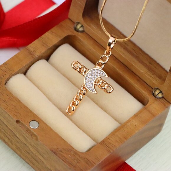 "Rose Gold Chain Cross Pendant with CZ Crescent Accent, XPPT1263 - Picture 8 of 13